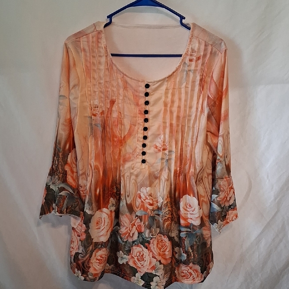 Unbranded Tops - Peach Floral Pintuck Peasant Tunic with Button Placket